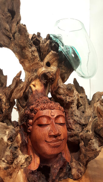 Teakwurzel mit Buddha Gesicht und Glas, ca. 45cm