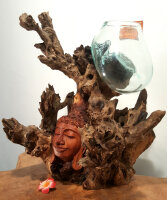 Teakwurzel mit Buddha Gesicht und Glas, ca. 45cm