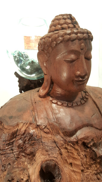 Teakwurzel mit Buddha Büste und Glas, ca. 45cm