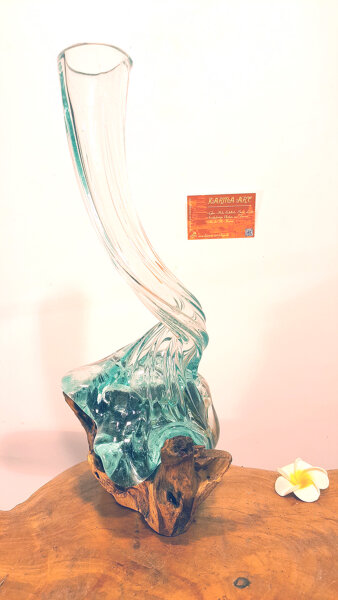 Glasvase gedreht auf Teakwurzel, ca. 30cm