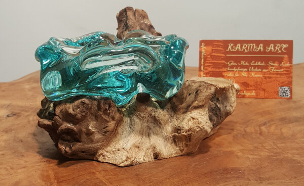 Teakwurzel mit Glas Aschenbecher/ Teelichthalter, ca.15cm