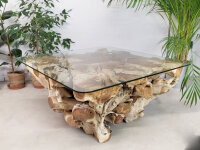 Couchtisch eckig aus echter Baumwurzel mit Glasplatte...