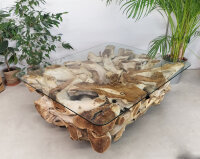 Couchtisch rechteckigaus echter Baumwurzel mit Glasplatte...