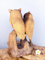 Exklusive Holz-Eulenstatue – Eltern mit Eulenbaby, Einzelstück