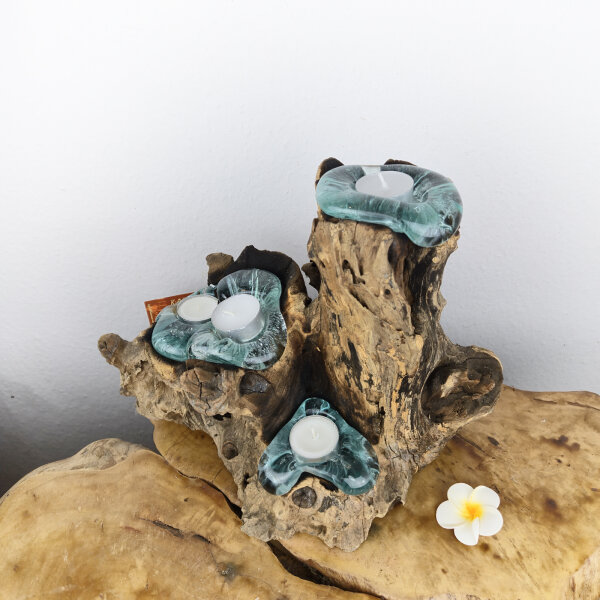 Exklusive Teakwurzel-Teelichtskulptur – 4 Glaseinsätze, handgefertigt, Unikat
