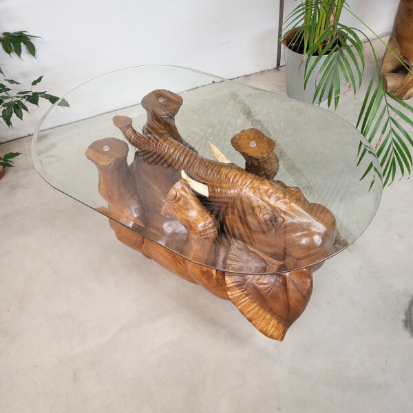 Elefantentisch Massiv mit Glasplatte Facettenschliff