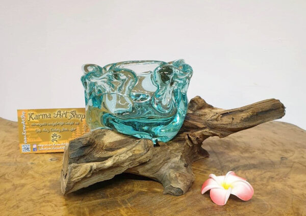 Teakwurzel mit Glas Aschenbecher/ Teelichthalter, ca.15cm