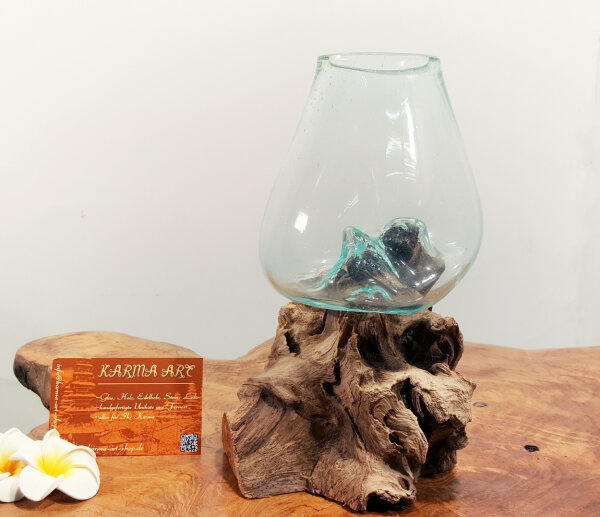Blumenvase Glas auf Teakwurzel, ca. 25cm