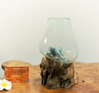 Blumenvase Glas auf Teakwurzel, ca. 25cm