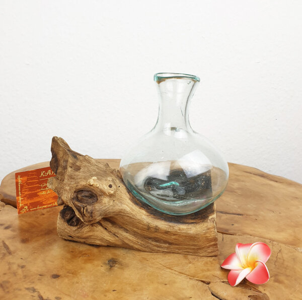 Blumenvase Glas bauchig auf Teakwurzel, ca. 25cm