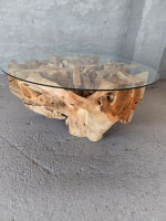 Couchtisch rund aus Massivholz mit Glasplatte...