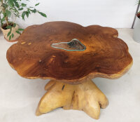 Designer-Beistelltisch aus Kaffeebaum-Wurzel mit Glasintarsie
